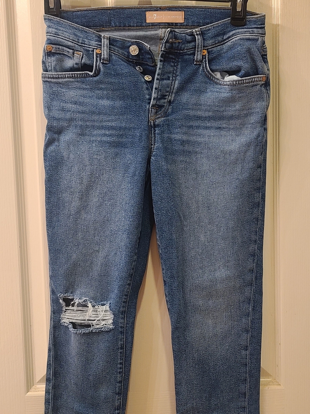 7 For All Mankind Women's Straight-Leg Jeans in Medium Blue with Distressed Knee